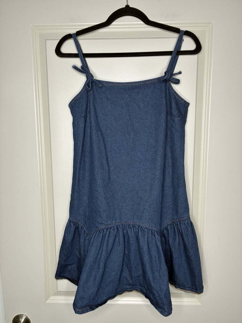 Avec Les Filled Denim Mini Babydoll Dress in Dark Wash Size Small Bows